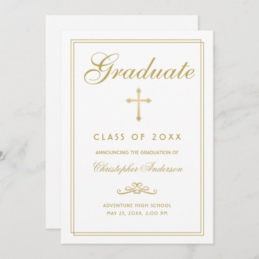 Christelijk Afstuderen White Gold Cross-script Aankondiging (Voorkant / Achterkant)