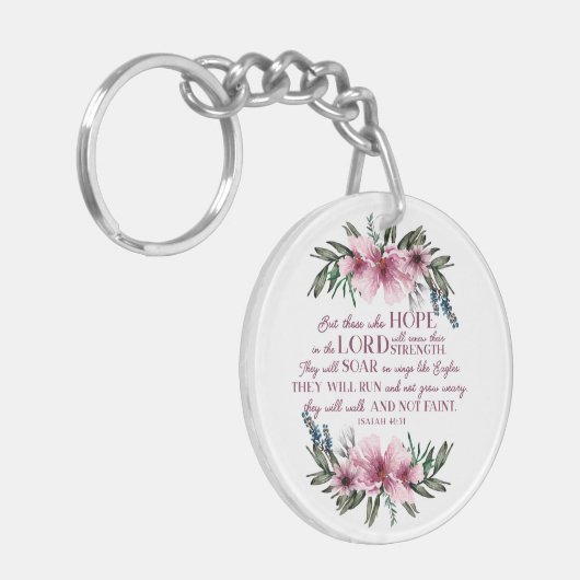 Christelijk Bijbelvers Blush Roze Bloemen Foto Sleutelhanger (Voorkant Links)