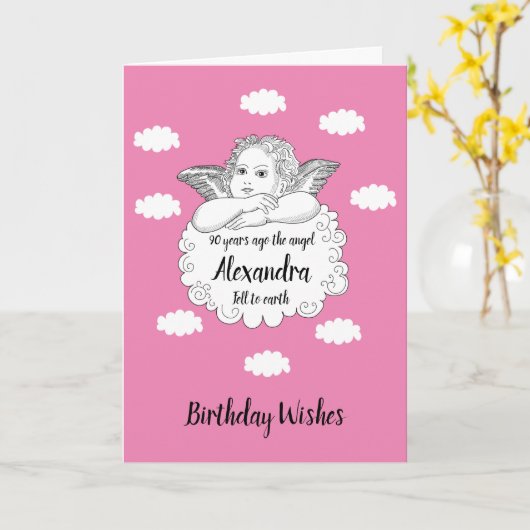 Christelijk Cloud Angel Happy 90th Birthday Pink Kaart (Gele Bloem)