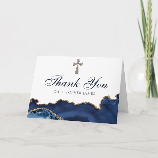 Christelijk Cross Navy Blauw Goud Aangepaste Relig Bedankkaart (Voorkant)
