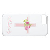 Christelijk Cross Roze Rozen Bloemen Monogrammed Case-Mate iPhone Case (Achterkant (Horizontaal))