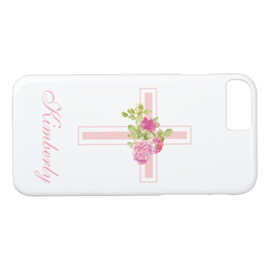 Christelijk Cross Roze Rozen Bloemen Monogrammed Case-Mate iPhone Case (Achterkant (Horizontaal))
