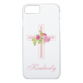 Christelijk Cross Roze Rozen Bloemen Monogrammed Case-Mate iPhone Case (Achterkant)