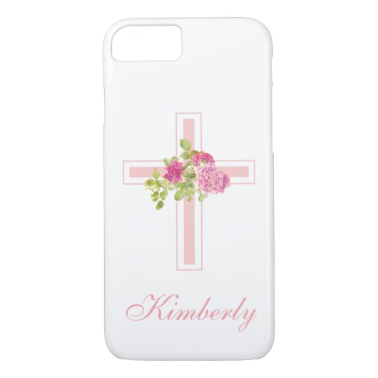 Christelijk Cross Roze Rozen Bloemen Monogrammed Case-Mate iPhone Case (Achterkant)