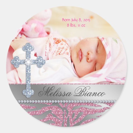Christelijk doopkruis baby meisje Zebra Ronde Sticker (Voorkant)