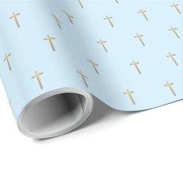 Christelijk evenement Faux Gold Cross Pattern Blue Cadeaupapier
