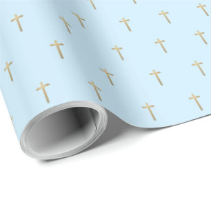 Christelijk evenement Faux Gold Cross Pattern Blue Cadeaupapier