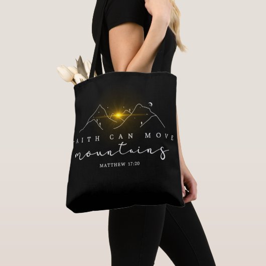 Christelijk Faith Sunrise in Mountains Wit Script Tote Bag (Dichtbij)
