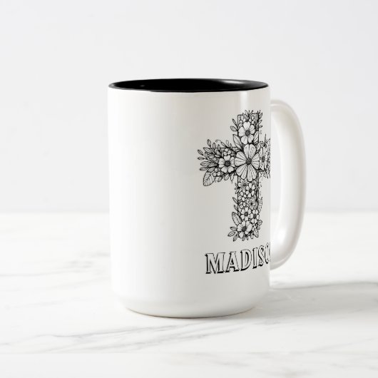 Christelijk Geloof Bloemen Kruis Aangepaste Naam K Tweekleurige Koffiemok (Voorkant rechts)