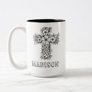 Christelijk Geloof Bloemen Kruis Aangepaste Naam K Tweekleurige Koffiemok