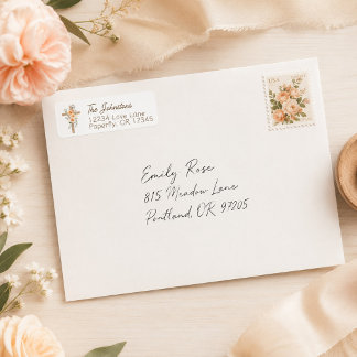 Christelijk gelooik Kruis met oranje bloemen Etiket