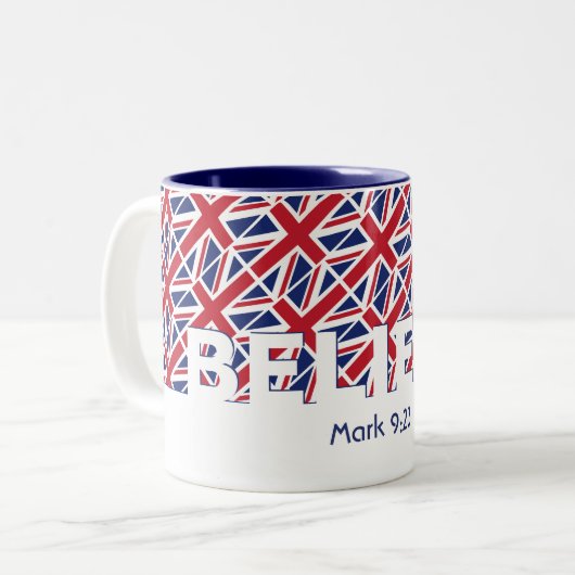 Christelijk GELOVEN Mark 9:23 UNION JACK Custom Tweekleurige Koffiemok (Voorkant links)
