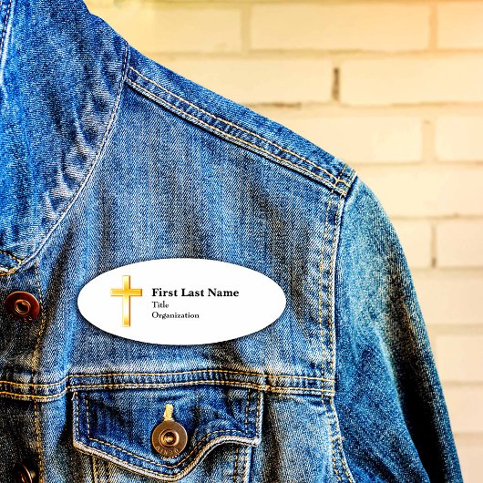 Christelijk Gouden Kruis, 3 "x 2" Acryl, Magnetisc Naambadge