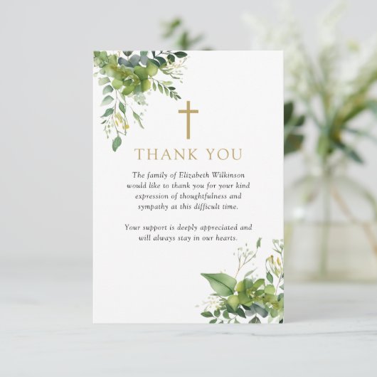 Christelijk groen gedenkteken begrafenis foto bedankkaart (Staand voorkant)