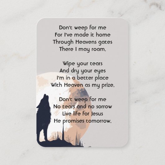 Christelijk herdenkingsgebed Lone Wolf Howling Ani Visitekaartje (Achterkant)