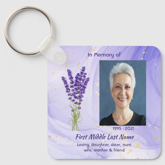 Christelijk herdenkingssouvenir lavendel tuinvlind sleutelhanger (Voorkant)