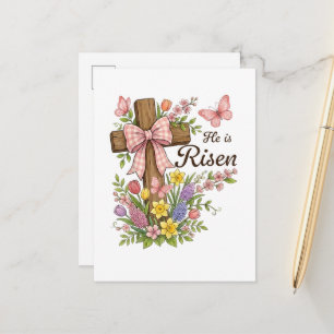 Christelijk- Hij Is Opgewekt Bloemkruis Religieus Aankondigingskaart