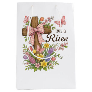Christelijk- Hij Is Opgewekt Bloemkruis Religieus Medium Cadeauzakje