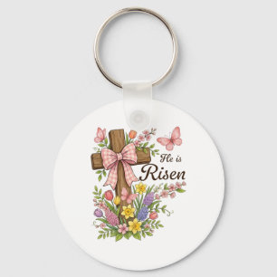 Christelijk- Hij Is Opgewekt Bloemkruis Religieus Sleutelhanger