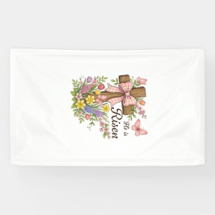 Christelijk- Hij Is Opgewekt Bloemkruis Religieus  Spandoek