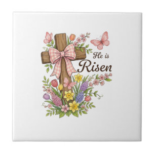 Christelijk- Hij Is Opgewekt Bloemkruis Religieus  Tegeltje