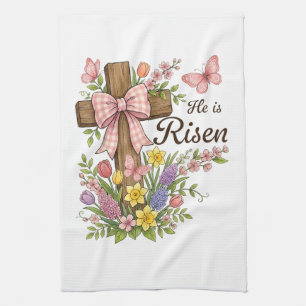 Christelijk- Hij is Opgewekt Bloemkruis Religieus Theedoek