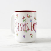 Christelijk Jesus Loves Me Vrouwelijke Bloemen Tweekleurige Koffiemok (Voorkant links)
