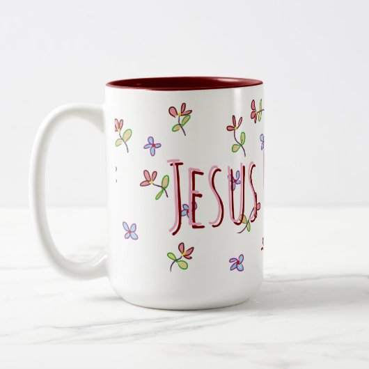 Christelijk Jesus Loves Me Vrouwelijke Bloemen Tweekleurige Koffiemok (Links)