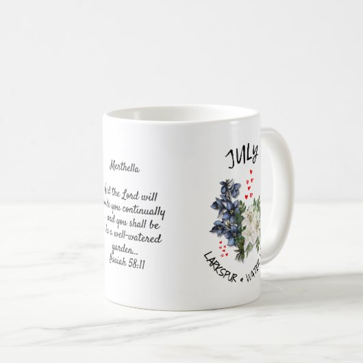 Christelijk JULI Geboortemaand Bloem Aangepaste na Koffiemok (Voorkant rechts)