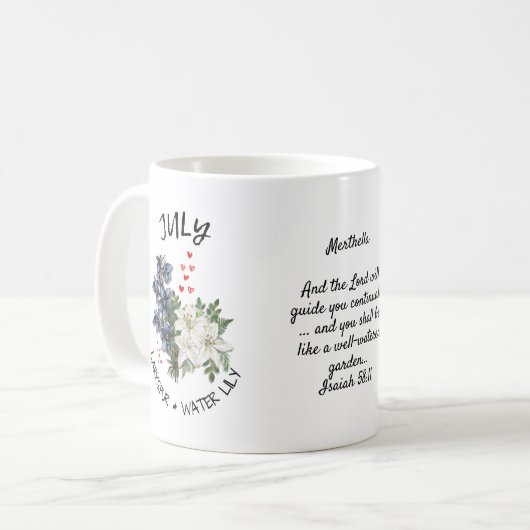 Christelijk JULI Geboortemaand Bloem Aangepaste na Koffiemok (Voorkant links)