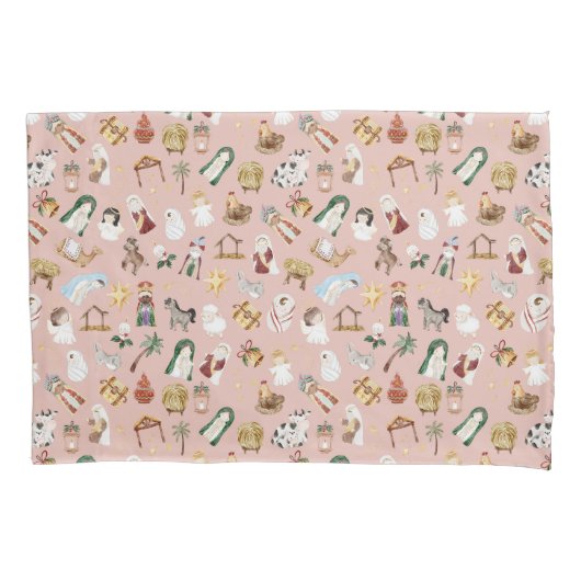 Christelijk Kerst Waterverf Geboorte Roze Kussensloop (Voorkant)