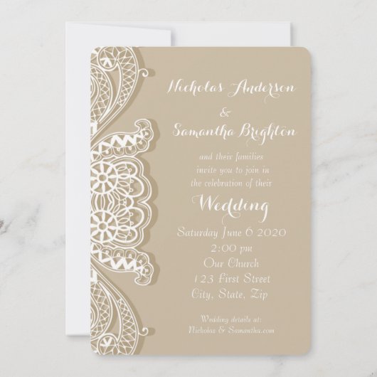 Christelijk Klassiek White Lace Taupe Wedding Kaart (Achterkant)