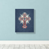 Christelijk kruis bloeit blauw en rood canvas afdruk (Insitu (Houten vloer))