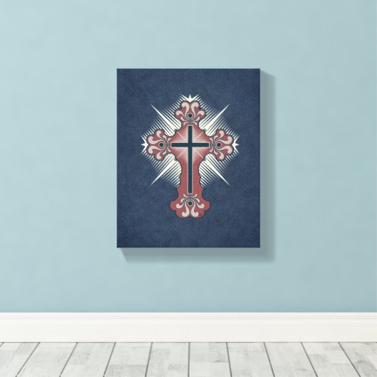 Christelijk kruis bloeit blauw en rood canvas afdruk (Insitu (Houten vloer))