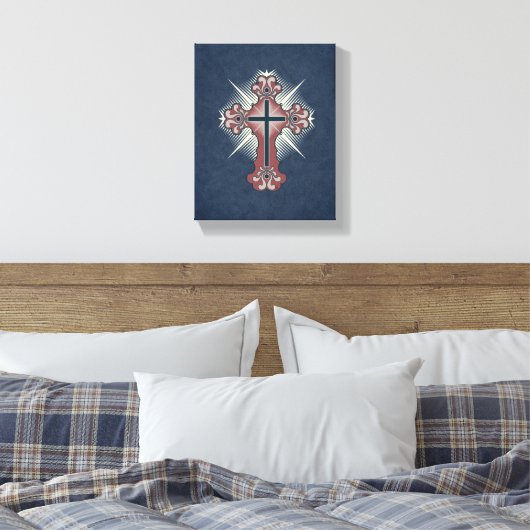 Christelijk kruis bloeit blauw en rood canvas afdruk (Insitu (Slaapkamer))