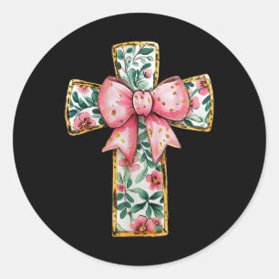 Christelijk Kruis Bloemen Coquette Boog Roze Relig Ronde Sticker