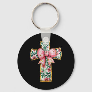 Christelijk Kruis Bloemen Coquette Boog Roze Relig Sleutelhanger