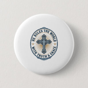 Christelijk Kruis Hij Regeert de Wereld Ronde Button 5,7 Cm