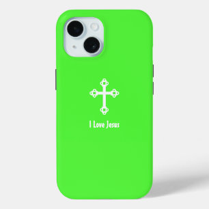 Christelijk kruis Ik hou van Jesus lime groen iPhone 15 Case