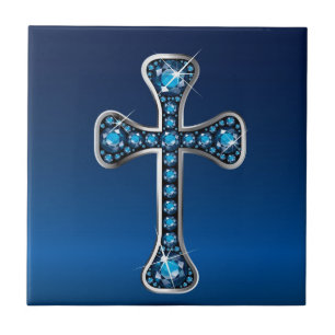 Christelijk kruis met "Aquamarine" stones Tegeltje