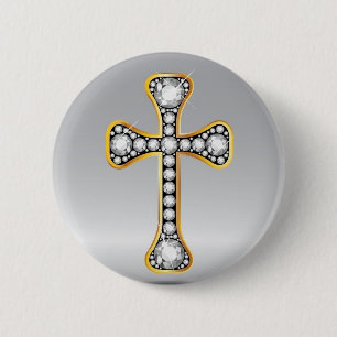 Christelijk kruis met "Diamond" stones Ronde Button 5,7 Cm