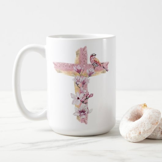 Christelijk kruis met roze magnolias koffiemok (Met donut)