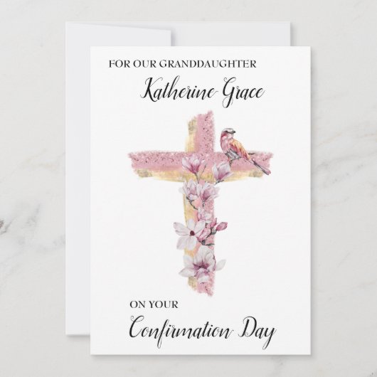 Christelijk kruis met roze magnolias op maat aankondiging (Voorkant)