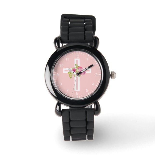 Christelijk kruis met roze rozen bloemig horloge (Voorkant)