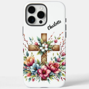 Christelijk kruis omcirkeld met kunstzinnige lente iPhone 16 pro max hoesje