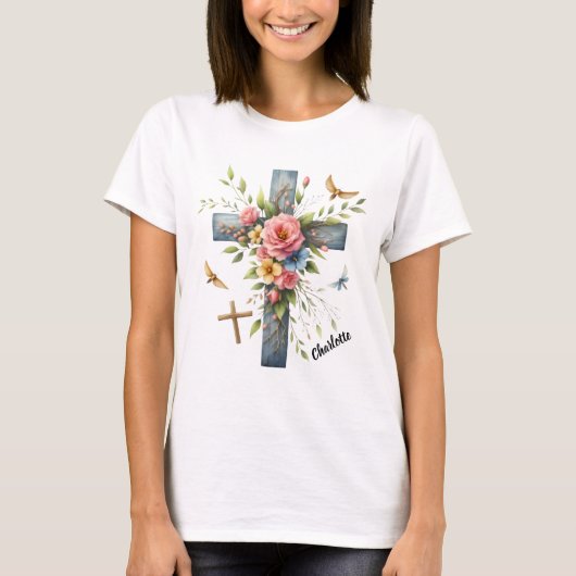 Christelijk kruis omgeven door delicate voorjaarsb t-shirt (Voorkant)