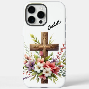 Christelijk kruis omgeven door prachtige bloemenku iPhone 16 pro max hoesje