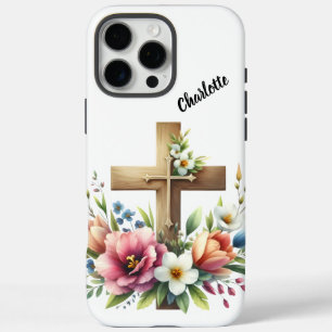 Christelijk kruis omringd door levendige bloemenpr iPhone 16 pro max hoesje