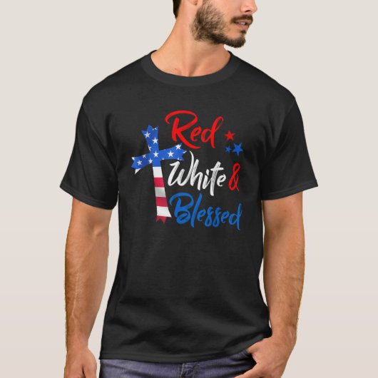 Christelijk Kruis Rood Wit Gezegend 4 Juli Mannen T-shirt (Voorkant)