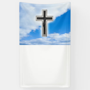 Christelijk kruis tegen blauwe achtergrond spandoek